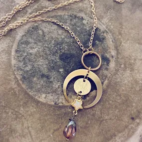 wanderstar // full moon, crescent moon, druzy star & czech glass bead pendant