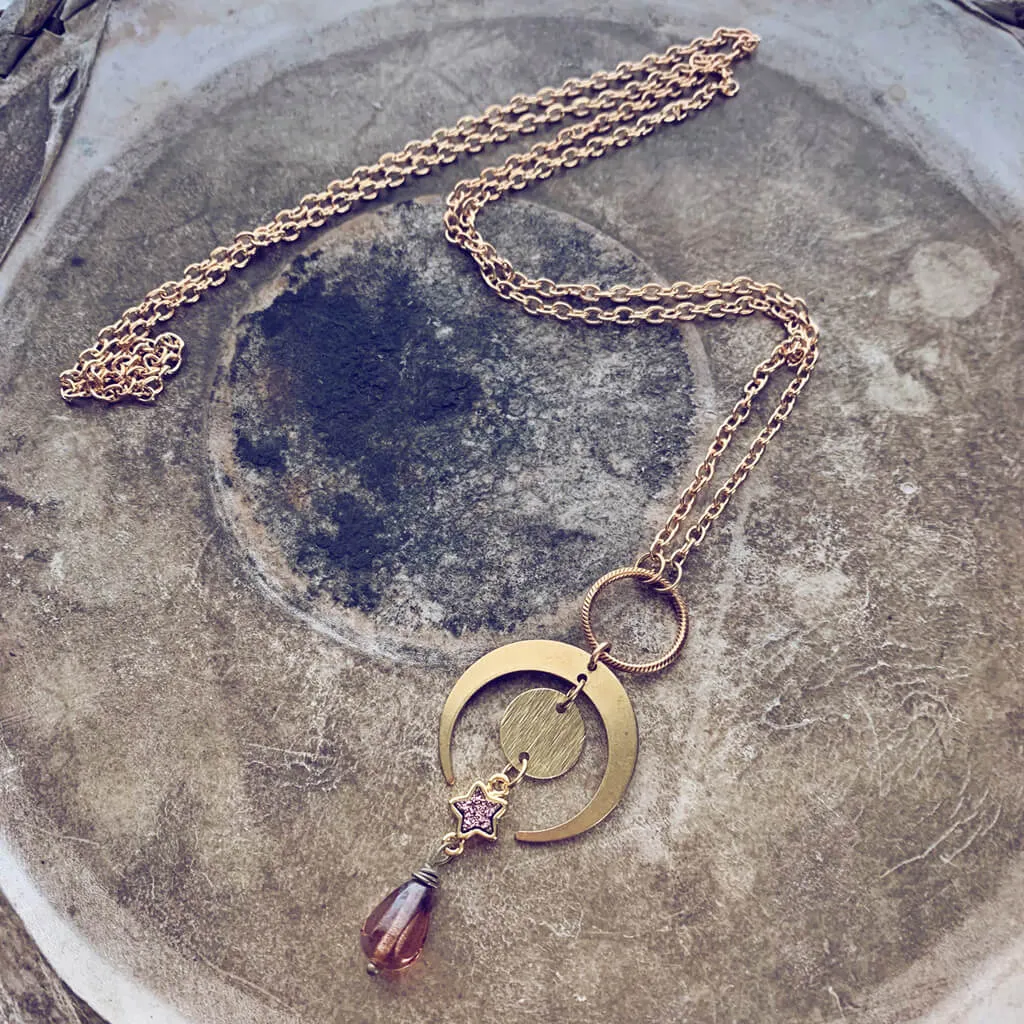 wanderstar // full moon, crescent moon, druzy star & czech glass bead pendant