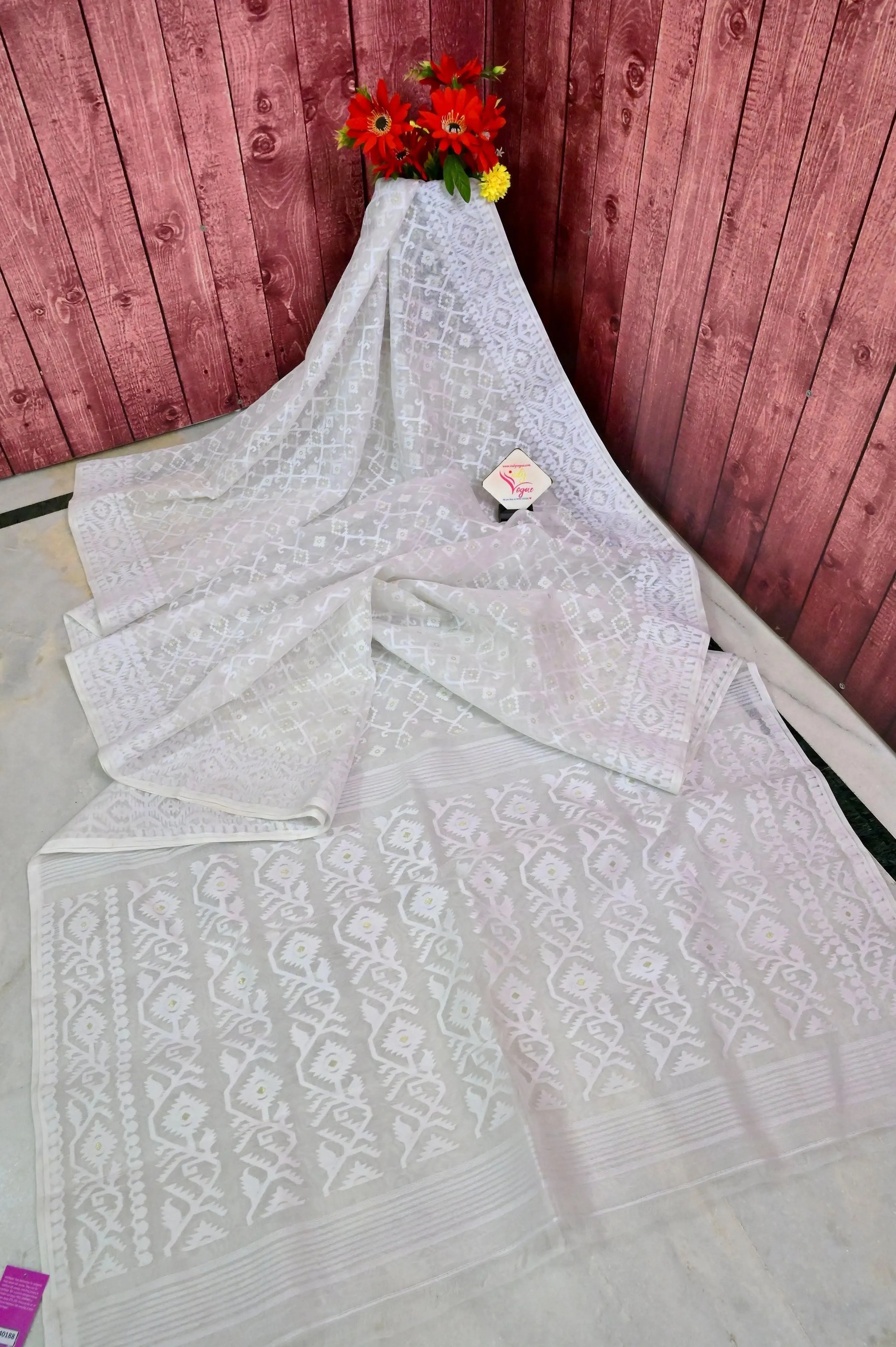 White Color Jamdani Saree with Self Weaving