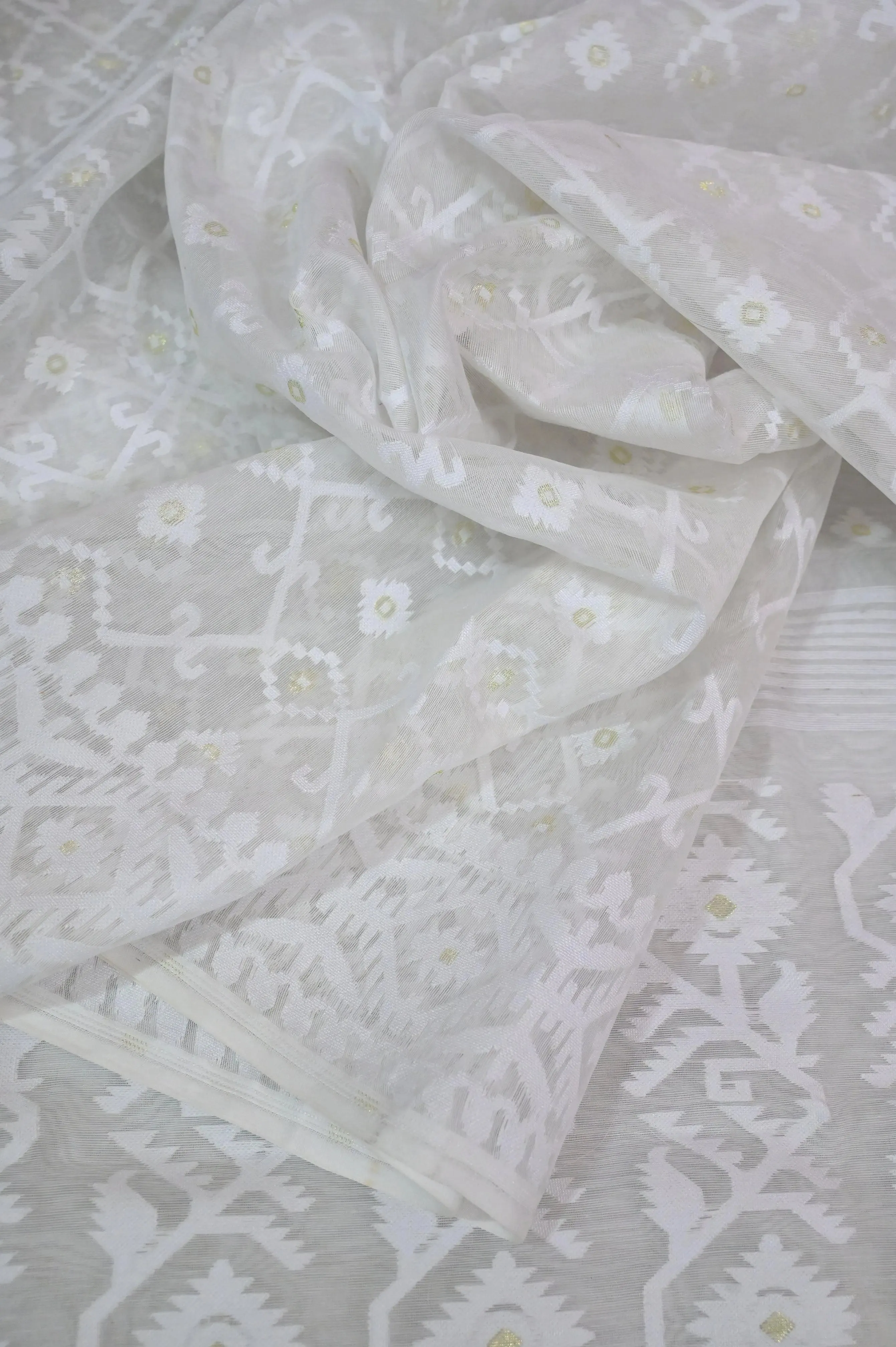 White Color Jamdani Saree with Self Weaving