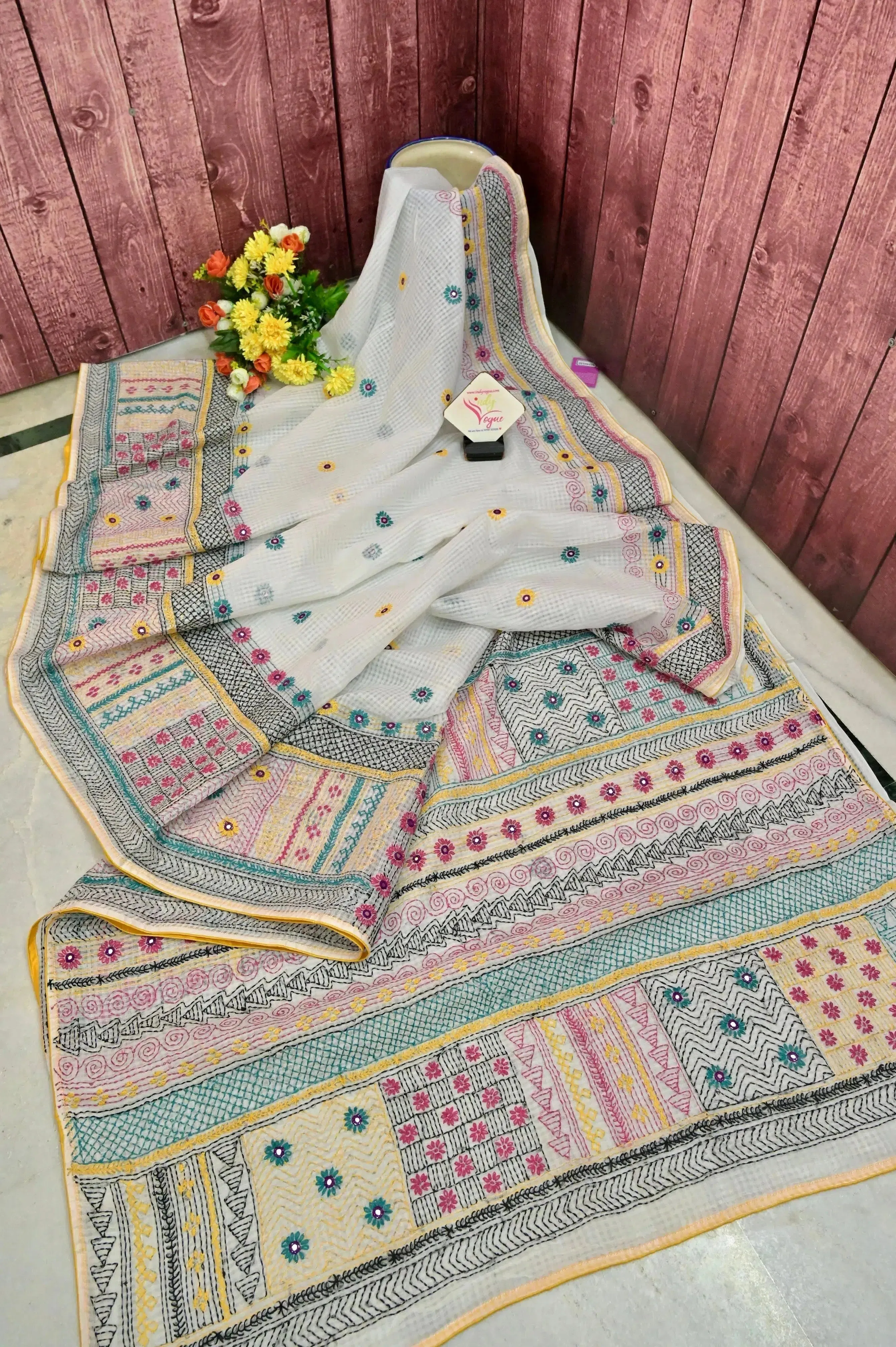 White Color Resham Kota Saree with Hand Lambani Work and Piping Border