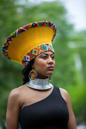 Zulu Wide Basket Hat - Yellow with Beaded Bands | Handmade in South Africa